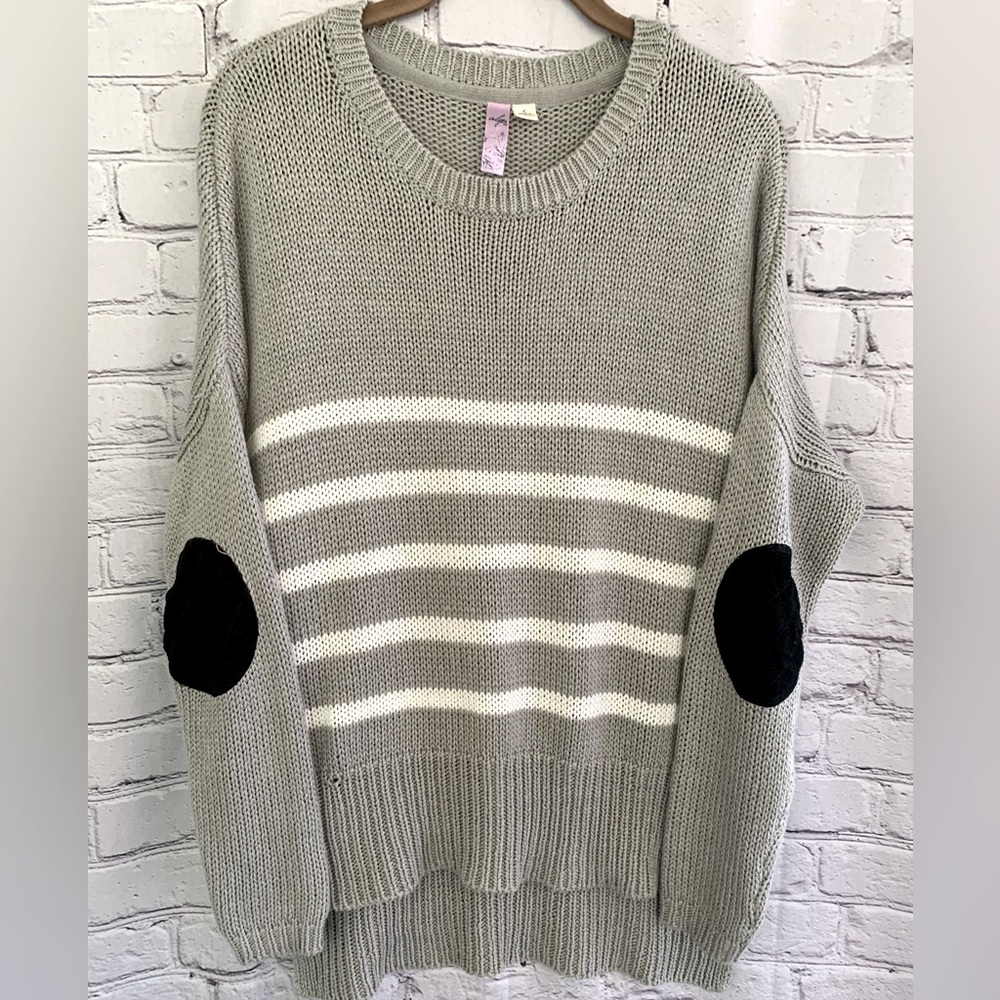Alya Cable Knit Striped Gray Sweater Slub Shoulder Hi/Lo Size Large